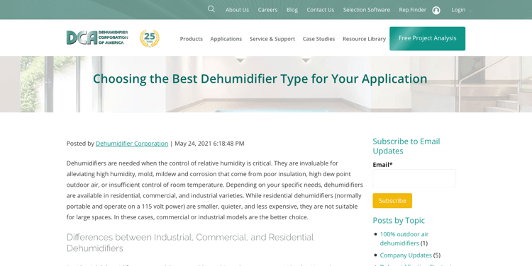 Dehumidifier Corp - Manufacturing blog topic idea example