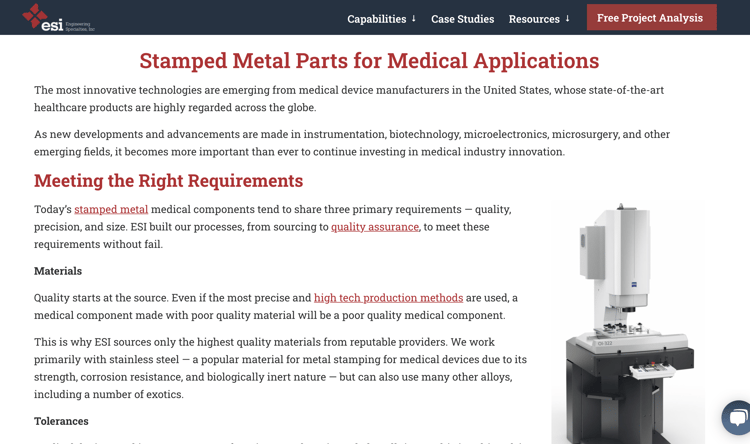 ESI Medical Device Industry Website example - opportunities in medical device manufacturing