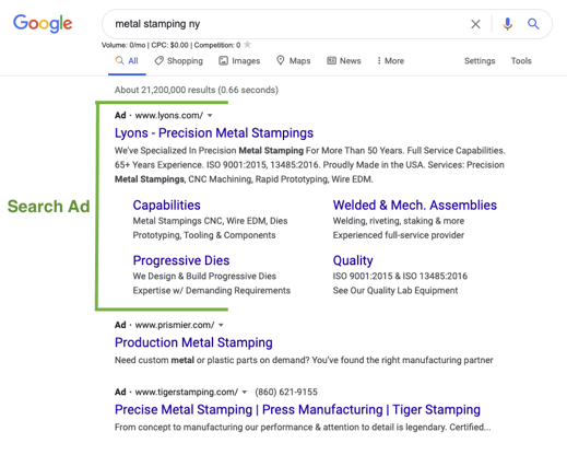 Metal Stamping Search Ad - Online advertising