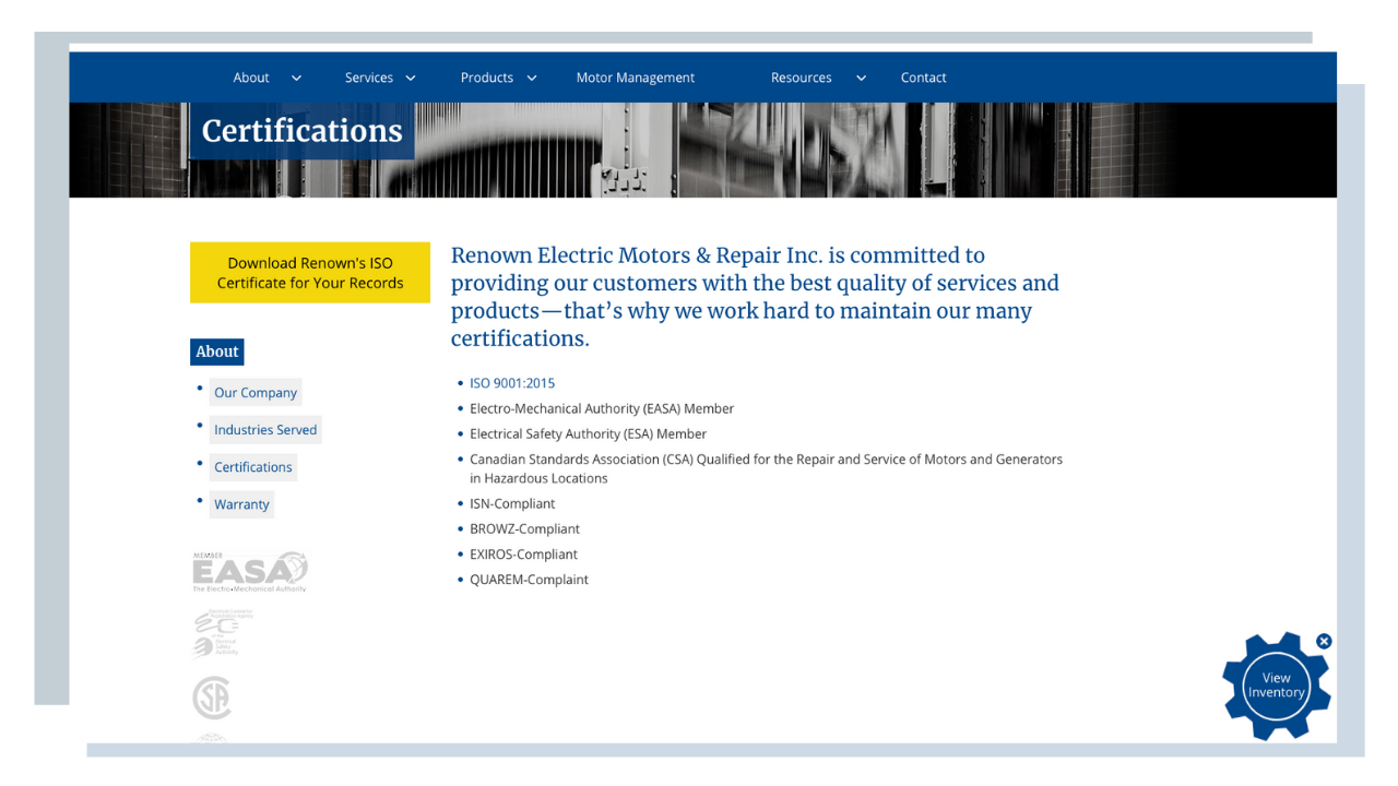 Renown Electric Website Example For Manufacturing Quality Certifications - B2B buying process