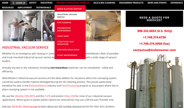 Industrial cleaning services website marketing example