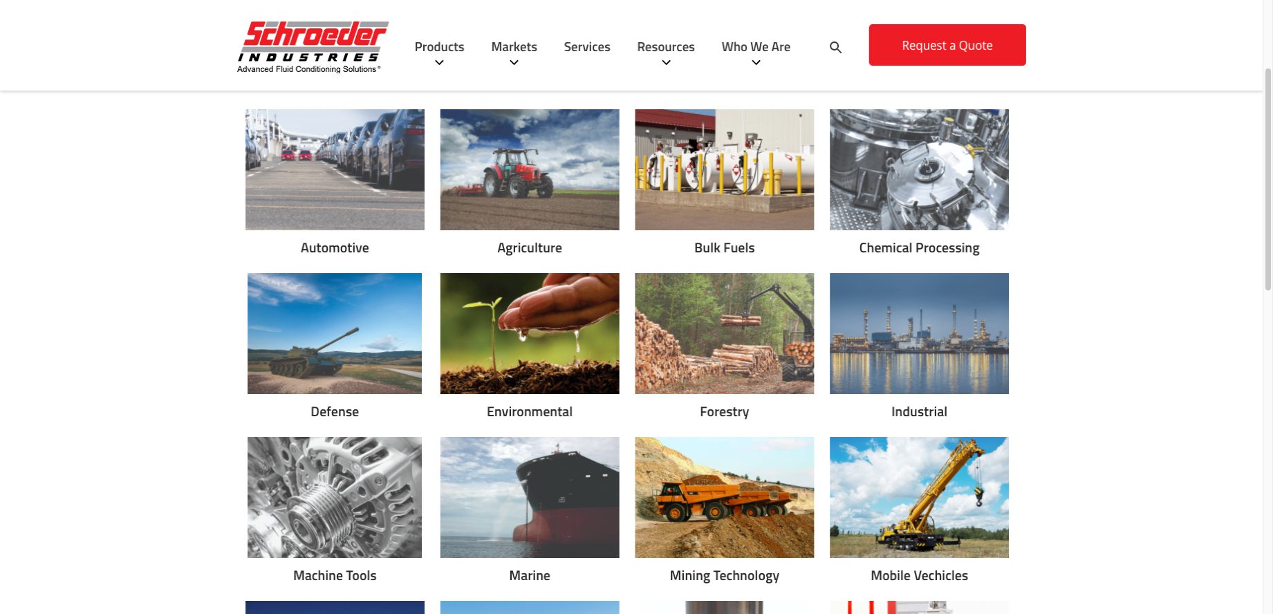 Schroeder Industries - Industrial Distributor Website Example - Markets Served