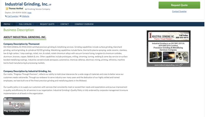 Industrial Grinding Thomasnet.com Company Profile Example - To Get More Customers