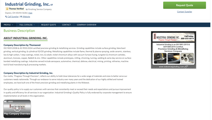 Industrial grinding Example of a company profile from Thomasnet.com - to attract more customers
