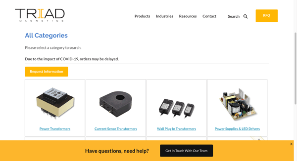 Triad Magnetics Lead Generating Website Manufacturing Product Catalog