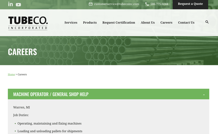 Example of Tube Co Custom Manufacturer's website