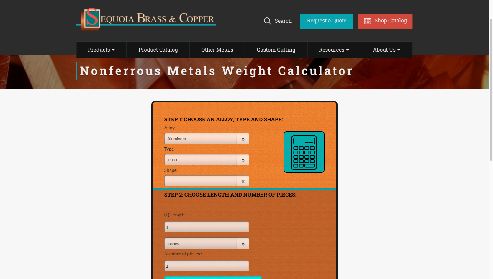 Weight Calculator Sequoia Brass Copper website example - Industrial Distributor