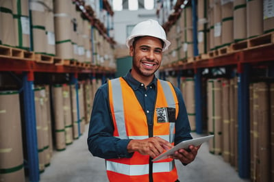 Smiling minority factory worker with a tablet