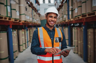 Smiling warehouse worker on a tablet