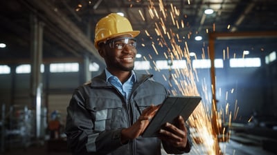 Smiling engineer with a tablet in a factory